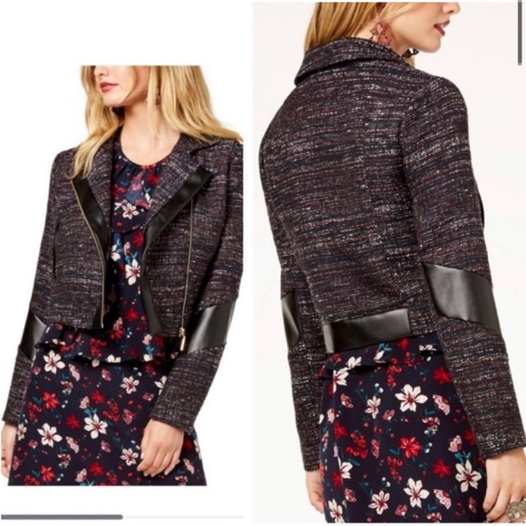 NWT Zoe by Rachel Zoe Tweed Faux Leather Moto Jacket zip up size medium - Picture 1 of 12
